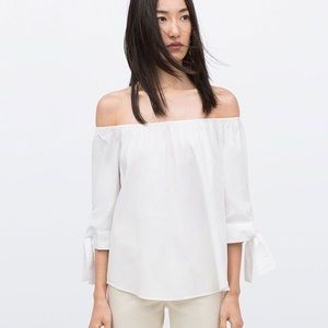 Zara White Off-Shoulder Tie-Sleeve Top
